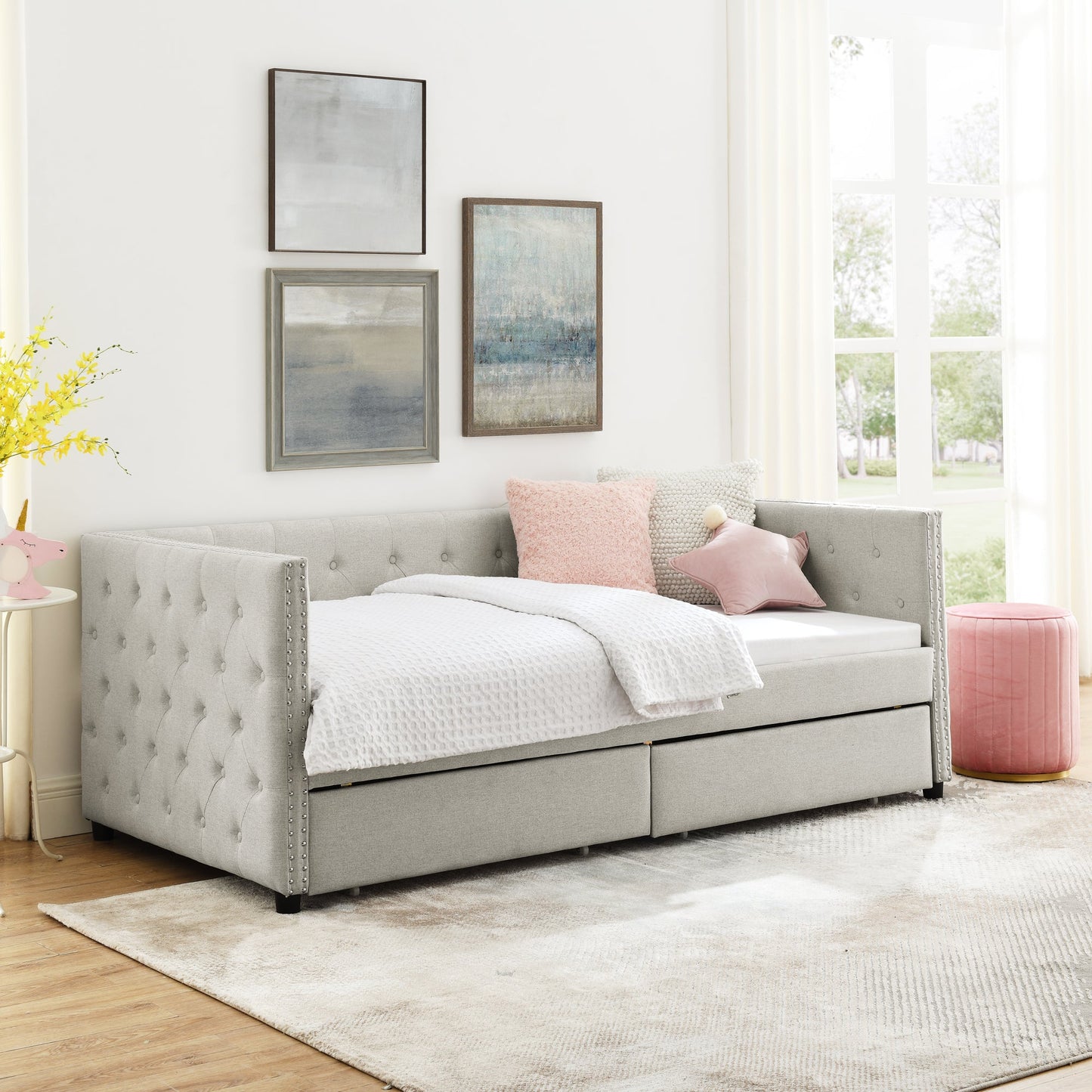 Upholstered Twin Size Daybed with Two Drawers, with Button and Copper