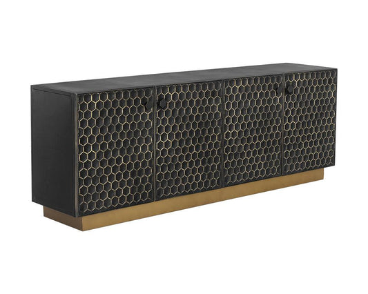 Hive Sideboard - Large, Unique Honeycomb Pattern, Hand Painted Brass Finish, 82"W x 18"D x 30"H