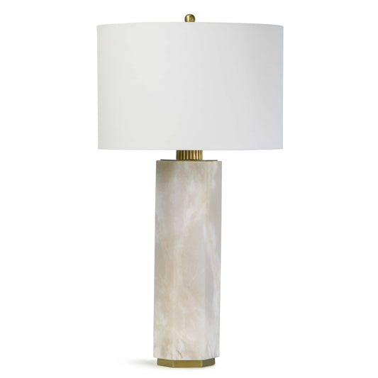 Gear Alabaster Table Lamp - Modern Hexagonal Design with Natural Brass Hardware and Linen Shade - Height: 30.5" Width: 16" Depth: 16
