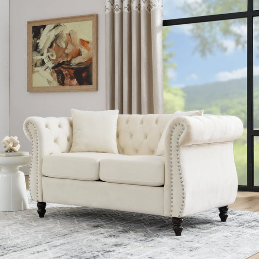 58.8" Chesterfield Sofa Beige Velvet for Living Room, 2 Seater Sofa - Image #1