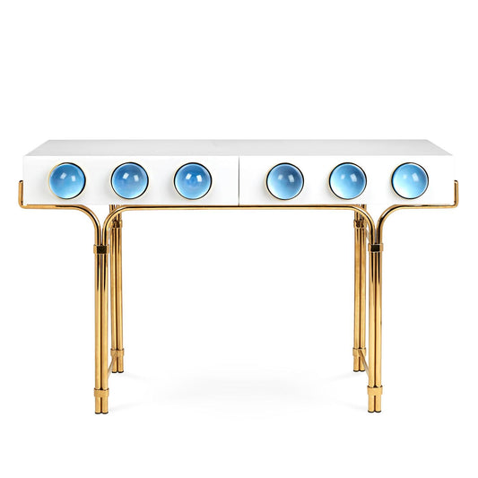 Globo Console - White Lacquer Cabinet with Blue Acrylic Globes and Brass Legs