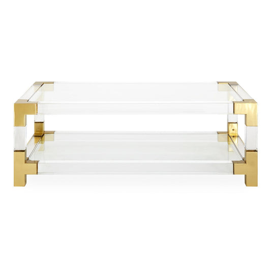 Jacques Grand Cocktail Table with Clear Acrylic, Brushed Brass Accents, and Tempered Glass Shelf