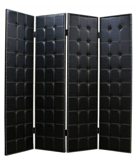 Black Faux Leather 4 Panel Screen with Nail Head Accents - 84" Height Furniture Jade   