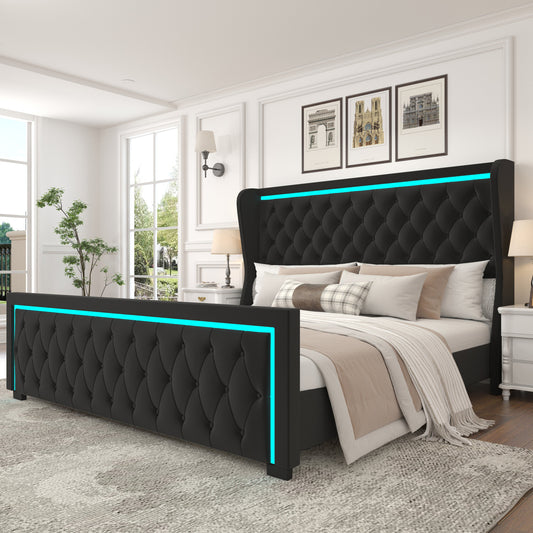 King Velvet Upholstered Platform Bed Frame with High Headboard & Color-Adjustable Light Strips