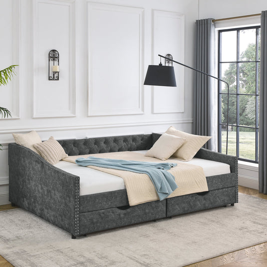 Queen Size Daybed with Drawers Upholstered Tufted Sofa Bed,,with
