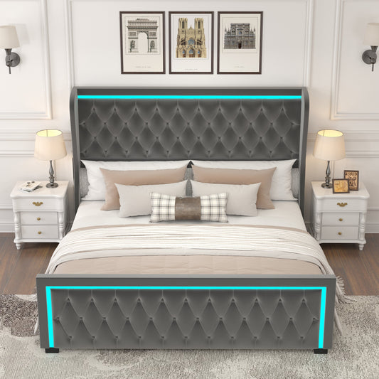 Queen Platform Bed Frame With High headboard, Velvet Upholstered Bed