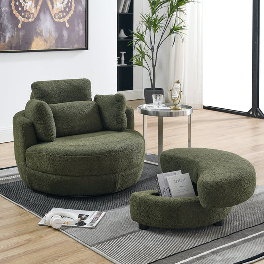 39" Oversized Swivel Chair with Storage Ottoman - Green Fabric, Foam Filler