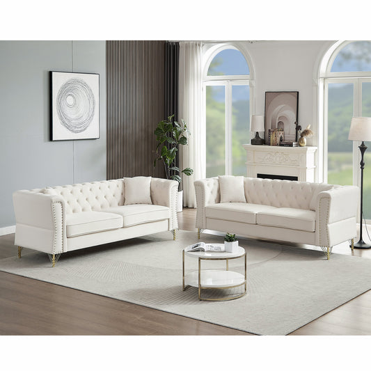 3-Seater + 3-Seater Tufted Sofa with Rolled Arms, Beige Velvet, Nailhead Trim