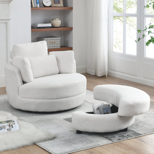 39" Oversized Swivel Chair with Storage Ottoman - Modern Design, Wide Seating Area, Ivory Fabric