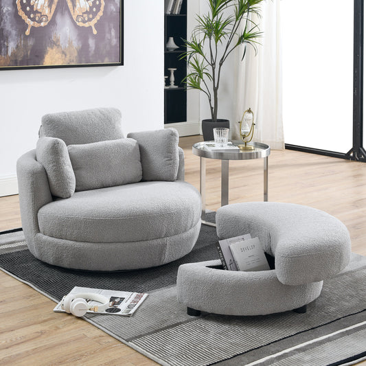 Extra Wide 39"W Swivel Chair with Ottoman - Grey Teddy Fabric, Foam Filler - Spacious Design, Comfortable Cushions, Sturdy and Durable - 51.20"L x 39"W x 30.50"H - Weight 89 lbs