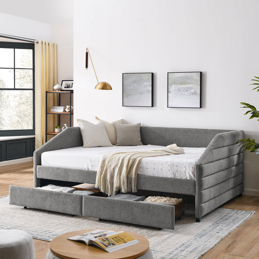 Queen Size Daybed with Two Drawers Trundle Upholstered Tufted Sofa