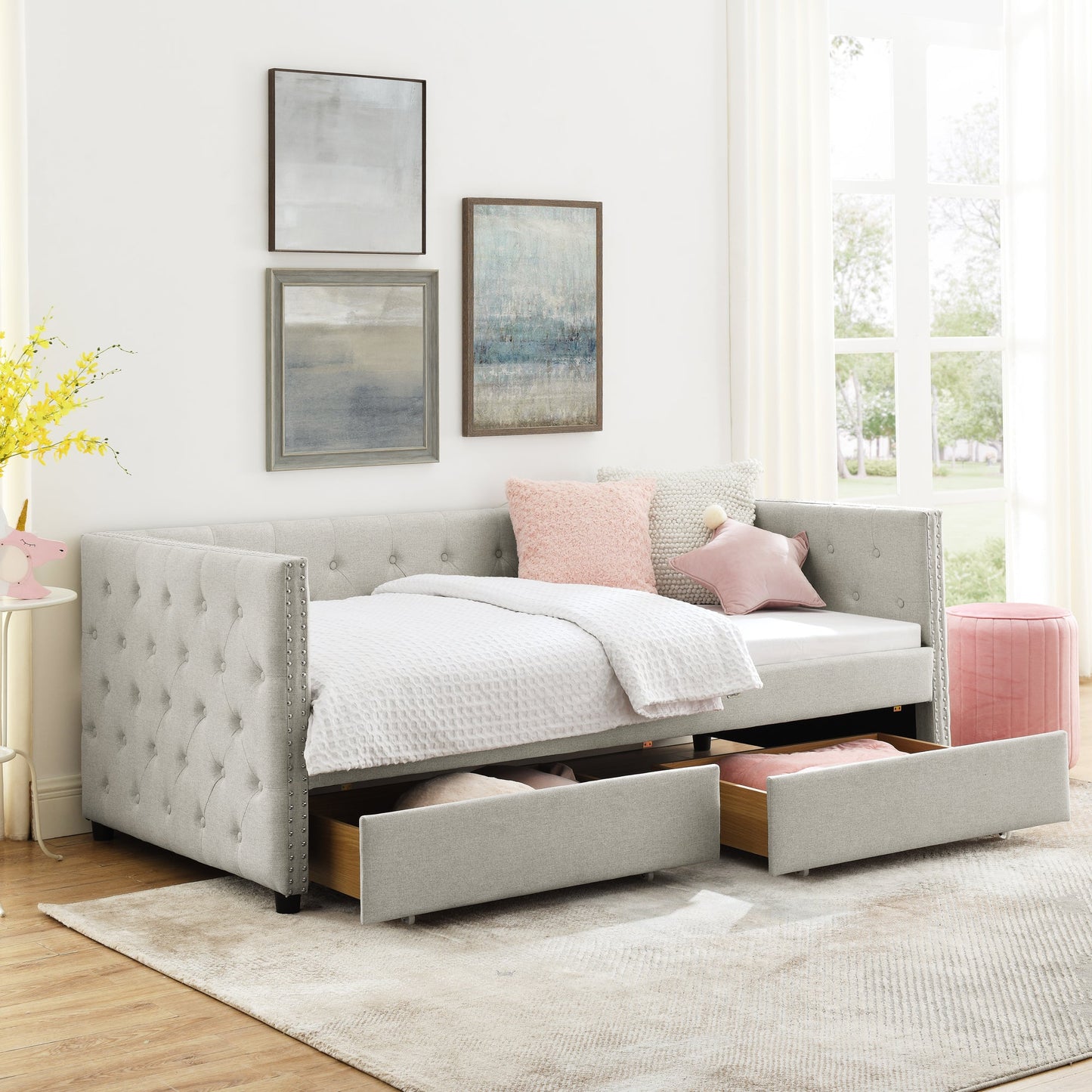 Upholstered Twin Size Daybed with Two Drawers, with Button and Copper