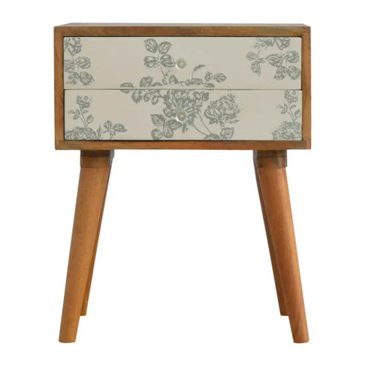 Green Floral Screen Printed Bedside Table with 2 Drawers Furniture Jade Epimetheus   
