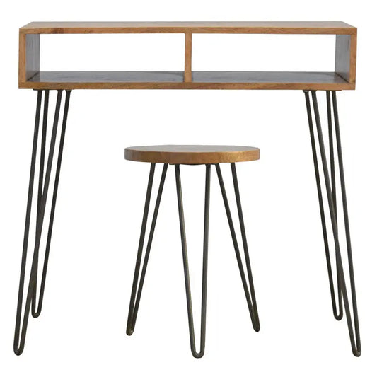 Solid Wood Writing Desk with Stool - Vintage-Inspired, 100% Mango Wood, 2 Shelves Furniture Jade Epimetheus   