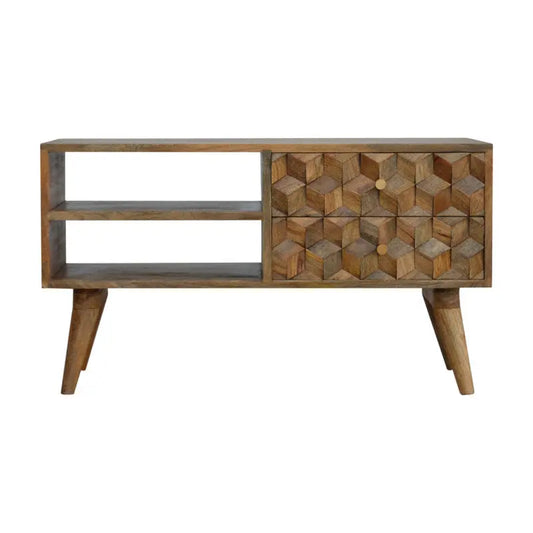 Cube Carved Media Unit - Solid Mango Wood, Nordic-Style Legs, Ample Storage Space Furniture Jade Epimetheus   