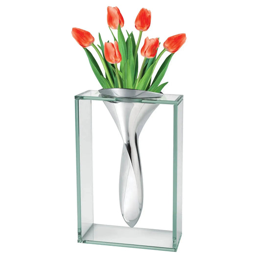 14" Mouth Blown Crystal Aluminum and Glass Vase - Clear Color - Sustainable Material Furniture Jade   