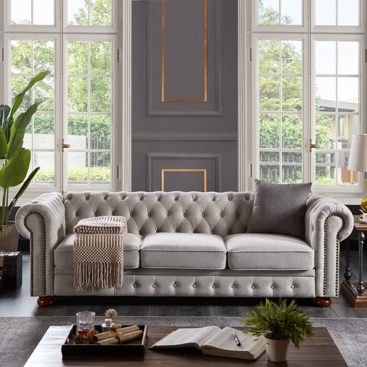 Chesterfield sofa in linen fabric (Light Grey) - Shop Tech Things