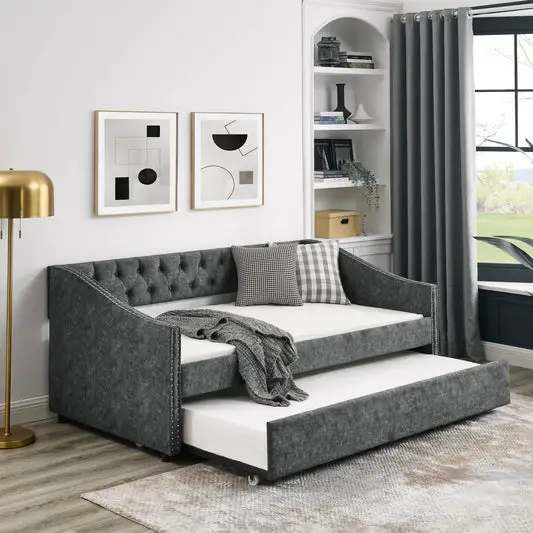 Twin Size Daybed with Twin Size Trundle Upholstered Tufted Sofa Bed, - Image #1
