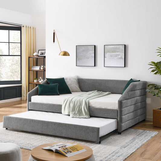 Full Size Daybed with Trundle Upholstered Sofa Bed, Classic Grey Linen, Box Spring Not Required