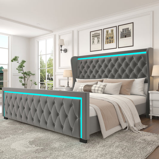 King Velvet Upholstered Bed Frame with High Headboard & Color-Adjustable Light Strips - Luxurious Design, Sturdy Construction, Pet & Child Friendly