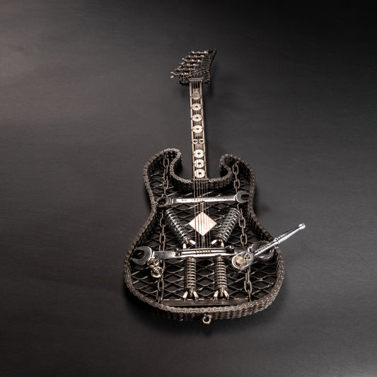 Metal Electric Guitar Sculpture - Handcrafted from Recycled Materials - Life-Size Design