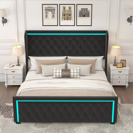 Queen Platform Bed Frame With High headboard, Velvet Upholstered Bed