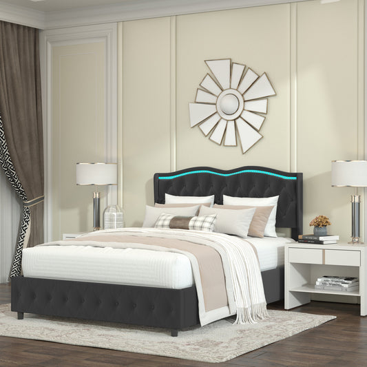 Queen Platform Bed Frame , Velvet Upholstered Bed with Deep Tufted