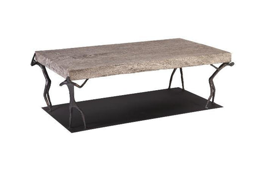 Atlas Gray Coffee Table with Chamcha Wood Top and Black Metal Base - 55x31x17"h - Grey Stone Finish - Modern Organic Design Statement